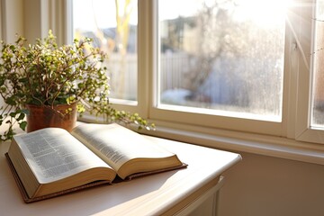 Opened book of the Bible on the background of the window with a bouquet of flowers