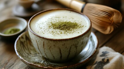 Photo of, A cozy cup of matcha latte served with frothy milk and a dusting of matcha powder, Matcha latte presented in a ceramic mug with a saucer