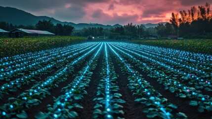 A smart farm with automated irrigation systems and glowing drone paths illuminating the fields at dusk. The harmonious integration of technology and agriculture emphasizes efficiency and sustainabilit