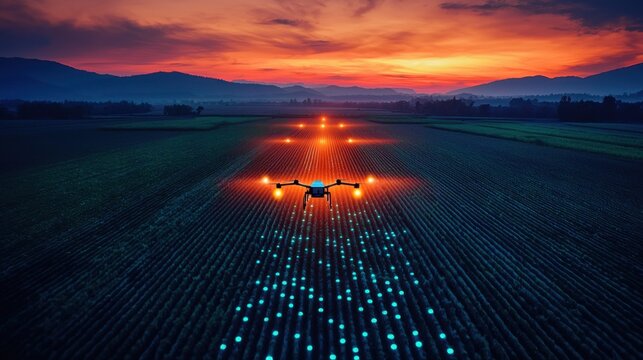 A smart farm with automated irrigation systems and glowing drone paths illuminating the fields at dusk. The harmonious integration of technology and agriculture emphasizes efficiency and sustainabilit