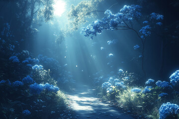 Sunlit Path Through a Blue Flower Forest