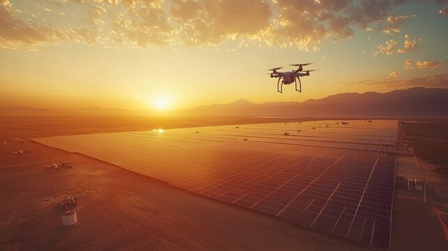 A solar farm with reflective panels stretching across a vast desert landscape, with drones monitoring efficiency under a golden sunset. The scene highlights sustainability and the power of renewable 