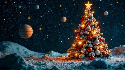 Fototapeta premium A Christmas tree with a bright star on top against the backdrop of space, decorated with numerous warm yellow lights. Several planets are visible in the starry night sky.