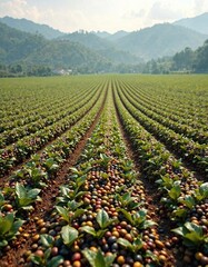Panoramic view of an entire field filled with rows of coffee beans in the ground, rural, nature, brown