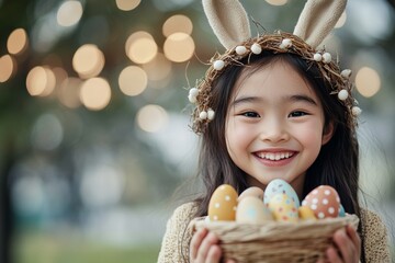 A joyful girl with bunny ears holds a basket of colorfully decorated eggs, capturing the playful and cheerful essence of Easter festivities with a bright smile.