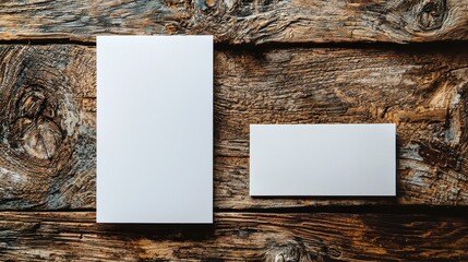Blank white leaflets on rustic wooden background, ideal for design mockups and presentations. clean surfaces invite creativity and personalization
