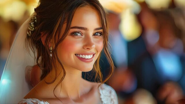 Beautiful bride holding a bouquet of roses, smiling warmly in golden sunlight. Perfect for wedding or romance themes