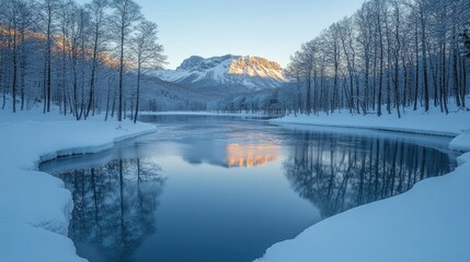 Serene winter landscape with a frozen river reflecting snowy mountains and trees.