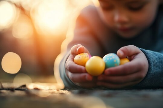 A young child carefully cradles vibrant colored eggs in their hands, basking in the gentle glow of sunlight, representing innocence and a sense of wonderment.