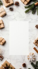 Obraz premium An elegant Christmas composition on marble showcases a blank card enveloped by wrapped presents, snowflakes, and evergreen foliage for a modern holiday message.