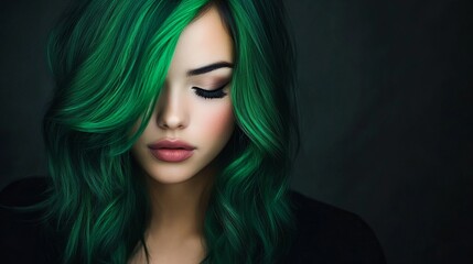 Fototapeta premium Young woman with striking green hair, creating a mysterious and captivating atmosphere.