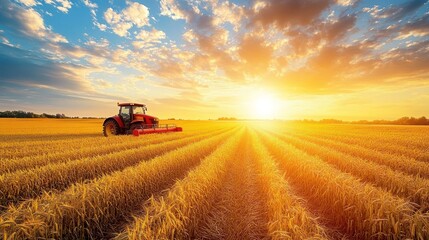Obraz premium Golden Hour Harvest: Tractor in a sun-drenched wheat field at sunset