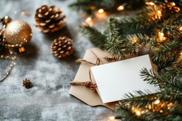 Obraz premium An elegant card is set amidst a metallic background with pine cones, string lights, and an envelope, creating a thoughtful holiday vibe.