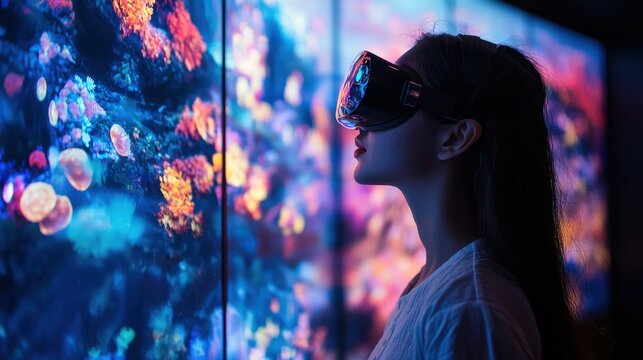 A tech-driven art gallery with digital canvases displaying shifting holographic masterpieces. Visitors interact with the exhibits using wearable augmented reality devices, making the experience 