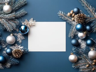 Fototapeta premium The image showcases an elegant Christmas-themed flat lay with pine branches, blue and silver ornaments, and a blank card at the center, perfect for holiday greetings.