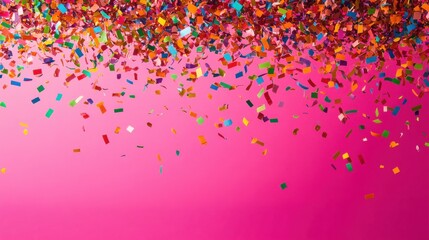 Naklejka premium Colorful confetti falling against a vibrant pink background creates a festive atmosphere perfect for celebrations or joyous occasions