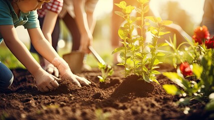 Family Planting flowers in the spring. Children's hands plant flowers in the bed