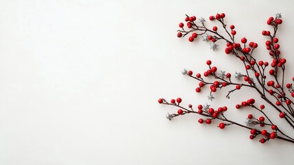 A single branch adorned with red berries and silver stars against a plain backdrop, illustrating simplicity and elegance in holiday decoration and celebration.