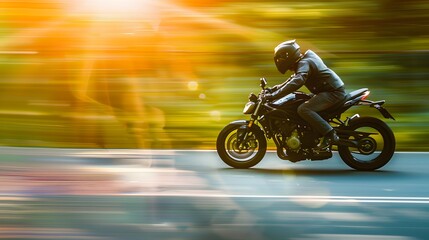 Dynamic Motorcycle Rider in Motion on a Scenic Road with Beautiful Sunlight and Vibrant Background Capturing the Spirit of Freedom and Adventure