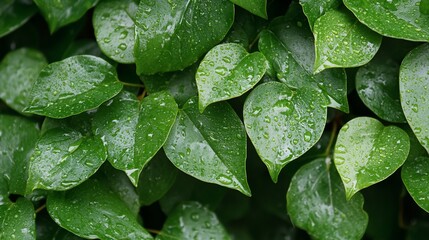 Fototapeta premium Lush green leaves covered in water droplets after rain.