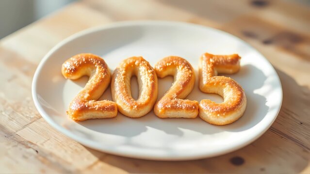 The numbers "2025" made of bread on white plate with minimalist wooden table 