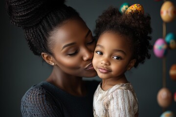Obraz premium A loving moment captured as a mother kisses her young daughter. They are surrounded by colorful Easter eggs, highlighting a festive, joyful atmosphere.