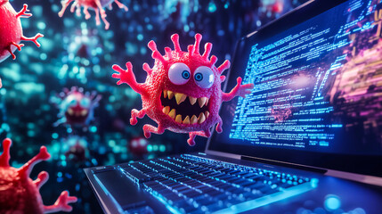 Flying Malware is attacking PC on blue data background .
