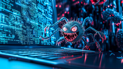 Flying Malware is attacking PC on blue data background .