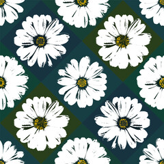 Grunge chess floral daisy flowers seamless pattern checkered background. Trendy chamomile floral print cratches and attrition monochrome texture