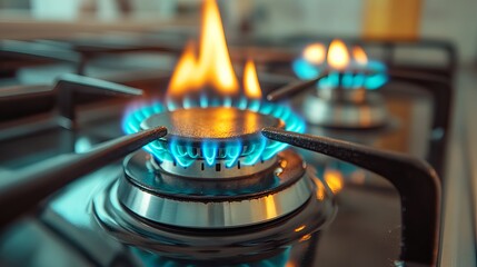 Close-up of a gas stove burner ignited, featuring vibrant blue flames and a shiny metallic surface, creating an inviting cooking environment.