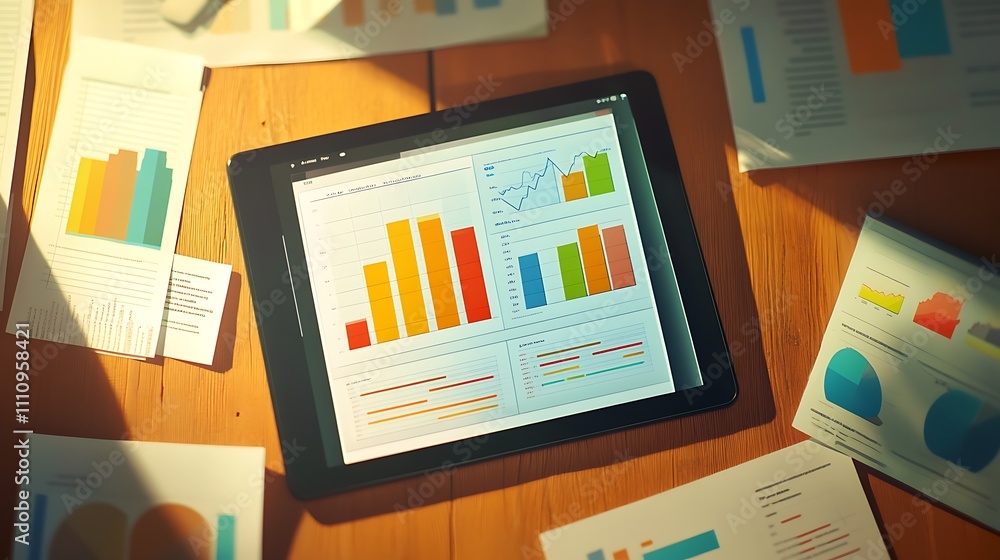 Poster tablet displaying colorful business charts and graphs