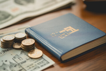 Close-Up of a Blue Notebook with Coins and Banknotes on Wooden Table for Financial Planning, Budgeting, Saving, and Investment Concepts