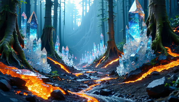 A surreal forest of crystal trees growing out of a volcanic landscape, with glowing lava rivers flow