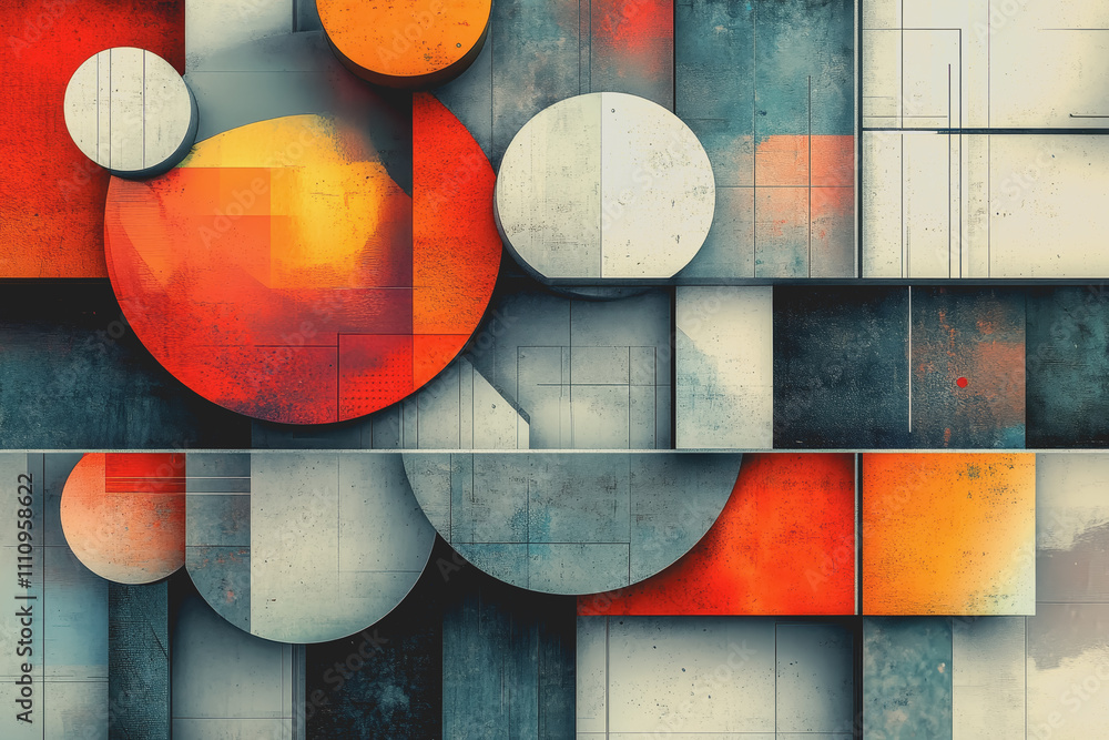 Poster abstract geometric composition featuring circles, rectangles, and vivid colors creating dynamic inte