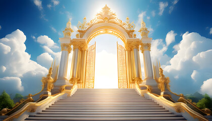 Golden gates stairs lead to heavens bright entrance. Suitable for religious concepts or spiritual themes in designs and projects.