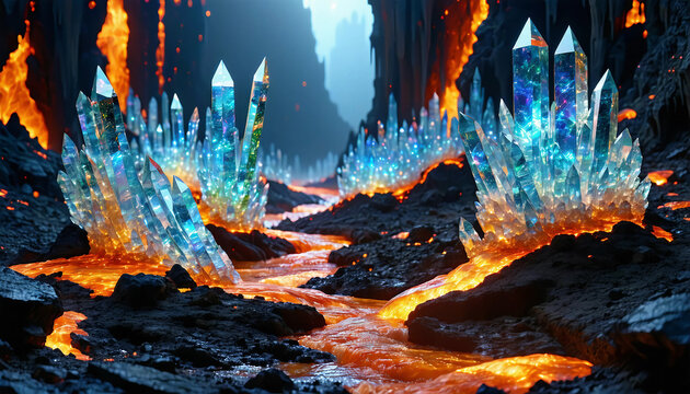 A surreal forest of crystal trees growing out of a volcanic landscape, with glowing lava rivers flow
