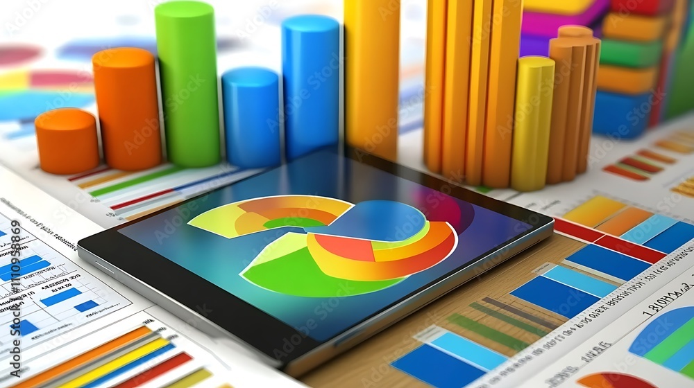 Poster colorful charts and graphs displayed on a tablet device