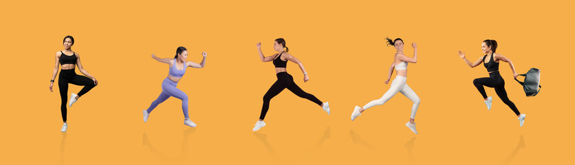 Five athletic women in various outfits demonstrate energetic running and exercising against a vibrant orange backdrop, showcasing fitness and movement in action during daylight.