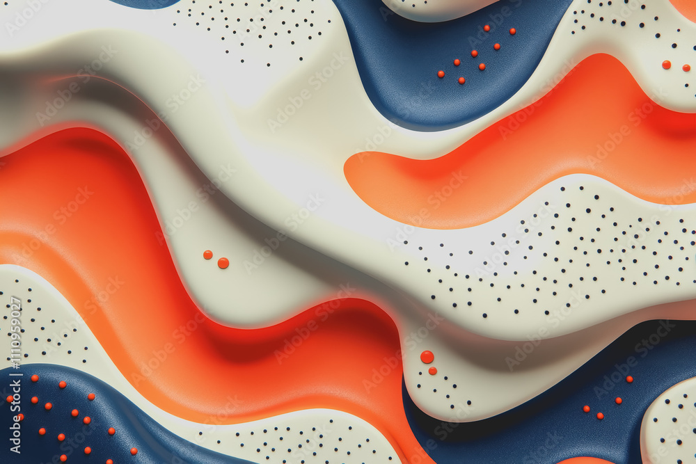 Poster abstract colorful background featuring smooth waves in blue, orange, and cream with small dots and t
