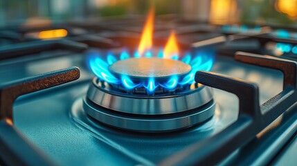 Close-up of a blue flame burning on a gas stove top, showcasing the vibrant colors against a blurred warm background.