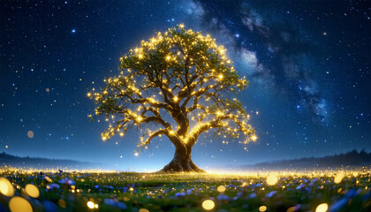 A towering, ancient tree glowing with golden light, standing alone in a vast meadow under a starry n
