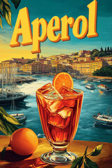 Vintage Aperol Poster: A Mediterranean Escape.
Classic Aperol Advertisement with Italian Vibes. Retro Citrus Cocktail Art by the Sea. Aperol Harbor Illustration: Sunset Refreshment