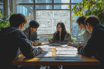 Collaborative Group Brainstorming Session in Modern Office with Creative Minds Engaged in Project Planning and Design at Workstation Surrounded by Greenery