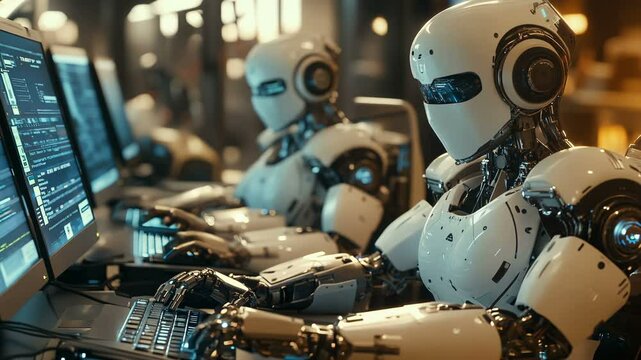 Futuristic, advanced robots engaged in complex tasks on computers within an ultra modern high tech environment