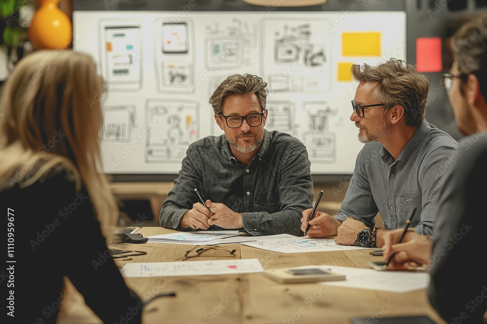 Poster focused brainstorming session with diverse professionals in a modern office space, discussing ideas 