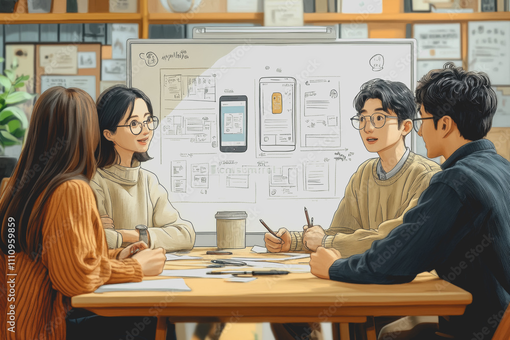 Poster group of young designers collaborating on user interface project in modern office setting, examining