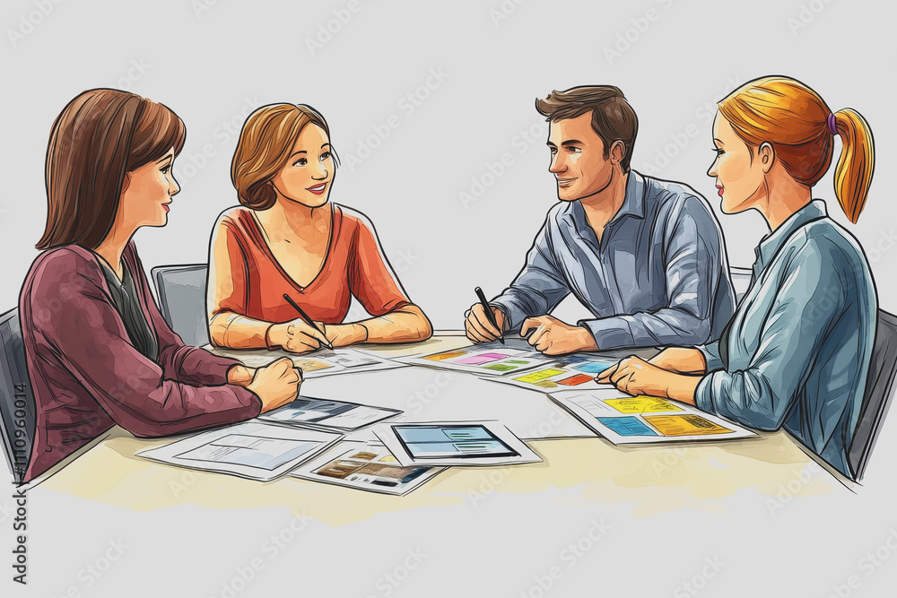 Poster group of diverse business professionals collaborating in a creative meeting setting with charts and 
