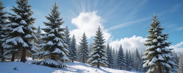 Fototapeta premium Snow-covered evergreen trees against a bright blue winter sky, winter wonderland scene, frosty morning, evergreen forest
