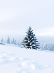 Obraz premium Snow-covered landscape with a beautifully decorated evergreen tree in the distance, Evergreen tree, Tree decorations, Holiday magic