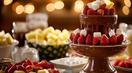 Photo of, A decadent chocolate fondue fountain surrounded by an assortment of dippable treats such as strawberries, marshmallows